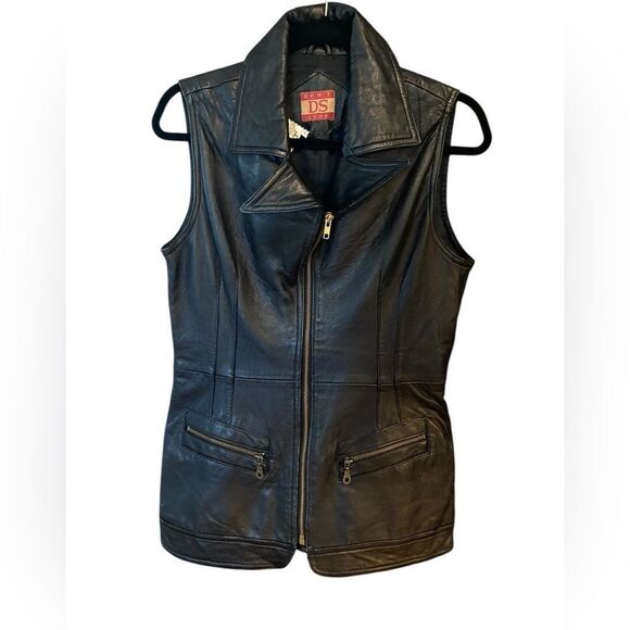 DS Sz L Black Vintage 100% Leather Motorcycle Zip Front Pocket Vest - Picture 2 of 9